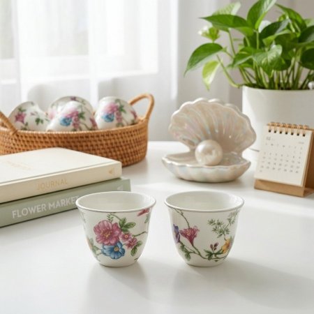 طقم فناجين قهوة عربية بورسلان مزخرفة بنقوش زهور ملونة